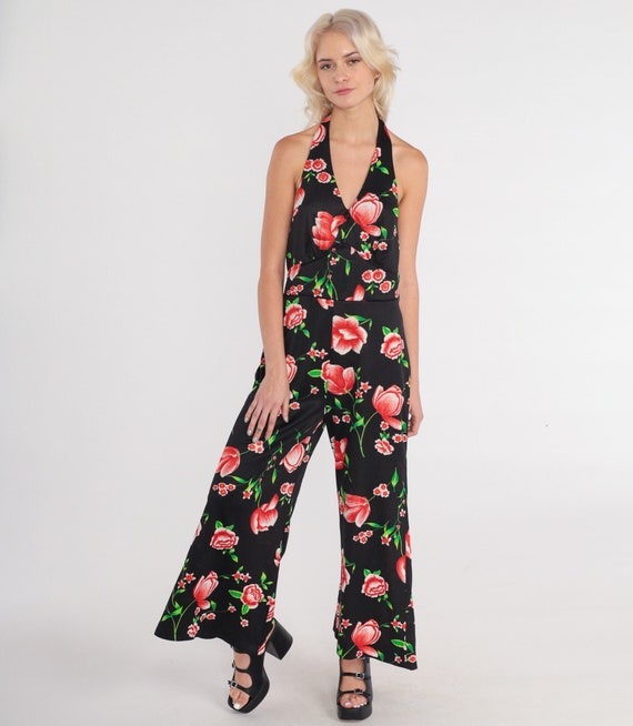 Vintage 70s Floral Jumpsuit Bell Bottom Romper Pants Sleeveless Halter Neck Open Back Black Pink Flower Print Party Pantsuit 1970s Medium M