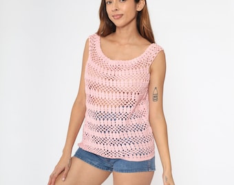 Sheer Crochet Tank Top 70s Baby Pink Top Festival Boho Blouse Open Weave 1970s Hippie Cutwork Bohemian Cotton Small S