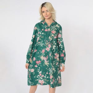 Vintage Green Floral Dress 90s Romantic Shirt Dress Button up Shift Shirtdress Long Sleeve White Pink 1990s Knee Length Medium Large