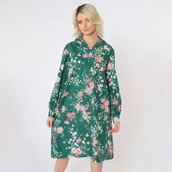 Vintage Green Floral Dress 90s Romantic Shirt Dress Button up Shift Shirtdress Long Sleeve White Pink 1990s Knee Length Medium Large