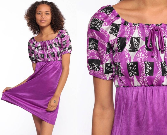 Buy Purple Babydoll Dress Boho Micro Mini Dress 70s Bohemian