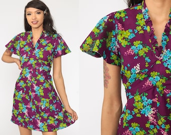 Babydoll Mini Dress Purple Green Flutter Sleeve 60s Floral Print Dress 70s Boho Empire Waist Garden Party Vintage Bohemian Medium Large