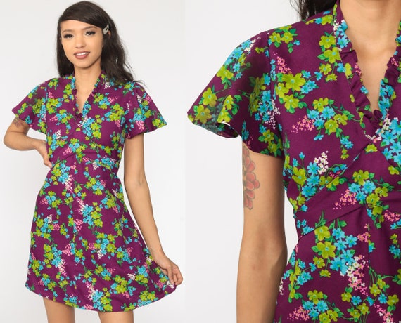 Babydoll Mini Dress Purple Green Flutter Sleeve 60s Floral Print Dress 70s Boho Empire Waist Garden Party Vintage Bohemian Medium Large