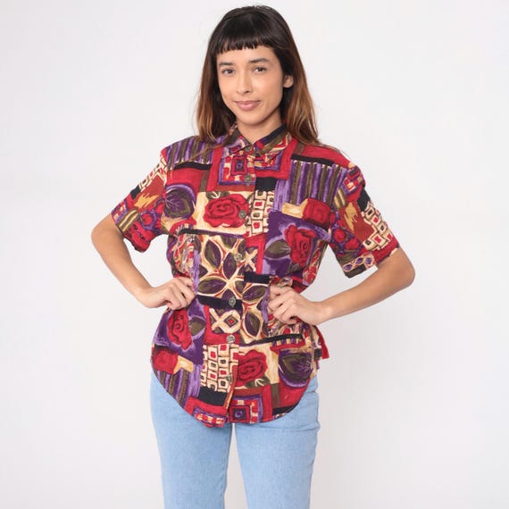 Patchwork Abstract Shirt 90s Button Front Short S… - image 3
