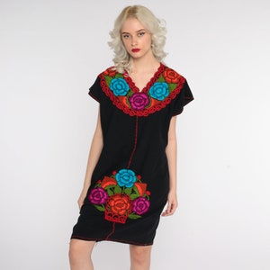 Black Mexican Dress Mini Embroidered Boho Cotton Tunic Hippie Floral Ethnic Bohemian Vintage Rainbow Embroidery Traditional Medium
