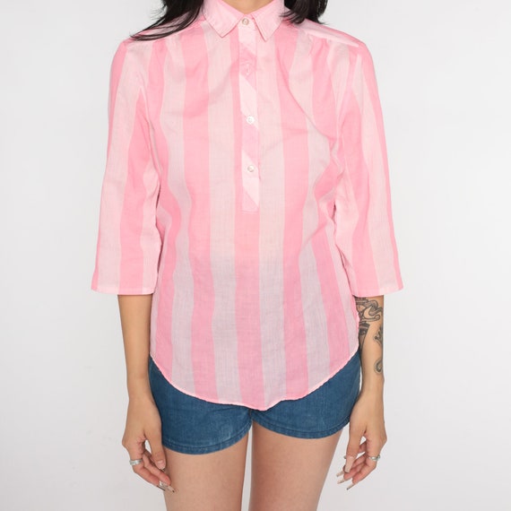 Pink Striped Blouse 80s Semi-Sheer Collared Shirt… - image 8