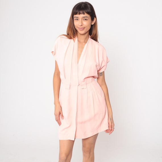 Pink Wrap Dress 80s V Neck Tie Waist Knee Length Vintage Summer Party Office Work Business Feminine Coquette Blush Peach Small S