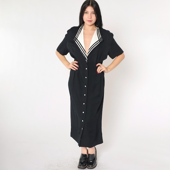 90s Black Maxi Dress White Contrast Collar Dress Preppy Short Sleeve Ankle Length Button Up 1990s Monochrome V Neck Vintage Plain Large 14