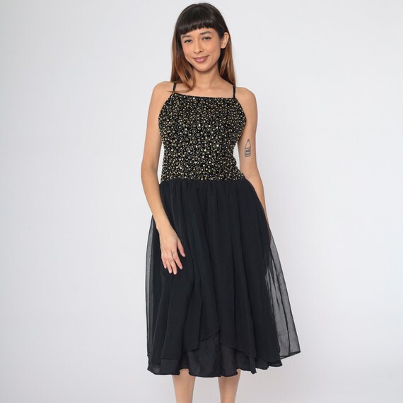 Chiffon Beaded Dress 80s Black Gold Sequined Velvet Party Dress Midi Flowing Drop Waist Formal Vintage Spaghetti Strap 1980s Evening Small 6