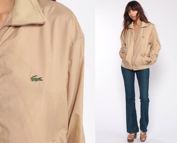 Lacoste Jacket 80s Windbreaker Bomber Jacket Tan Jacket Crocodile Zip Up Preppy Hipster Coat Vintage 1980s Large