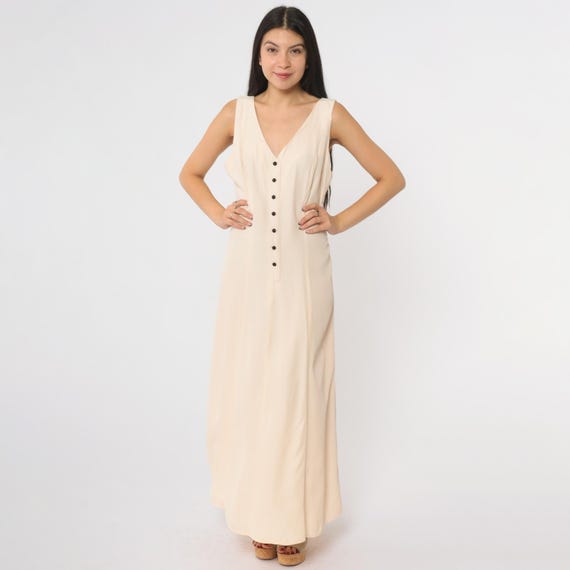 Cream Maxi Dress 90s Button Front Deep V Neck Sleeveless Long Vintage Minimalist Neutral Festival Summer Flowing Casual Resort Chic Large L