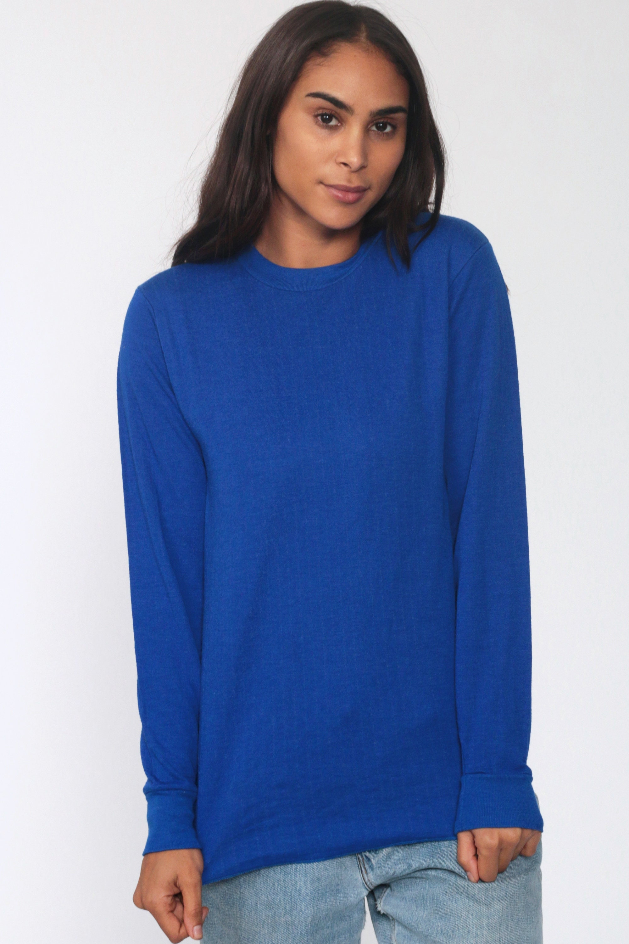 Plain Blue Shirt Long Sleeve TShirt 80s T Shirt Acrylic Blend Top 1980s Royal Blue Shirt Retro 