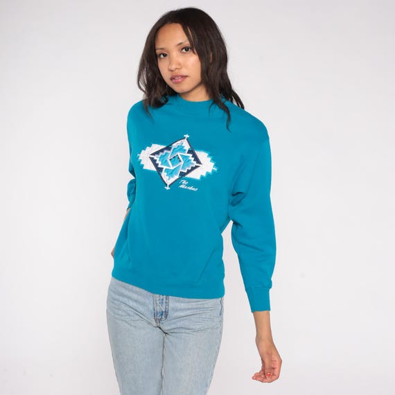 Southwestern Sweatshirt 90s Turquoise Yosemite Valley Hanes Crewneck Teal Geometric Cross Patch Navajo Pattern Western Desert Medium
