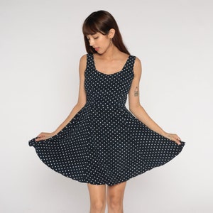 Polka Dot Mini Dress Y2k Black Skater Dress Retro Fit and Flare Cutout Open Back Day Sleeveless Keyhole White Minidress Vintage 00s Small S