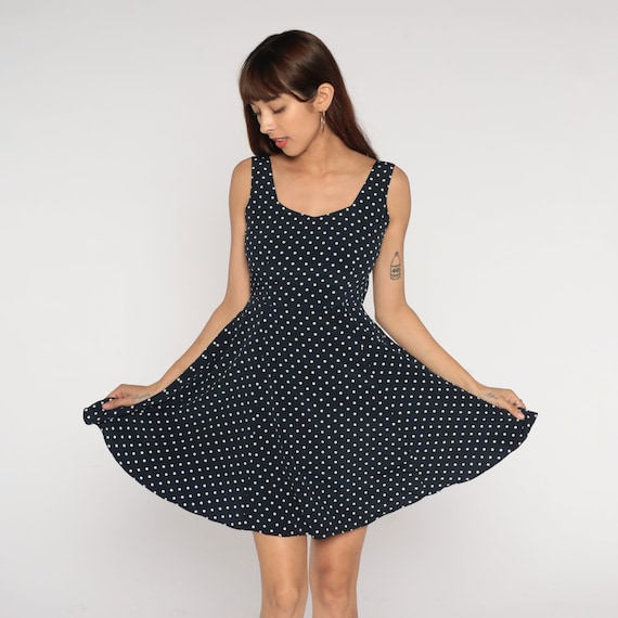 Polka Dot Mini Dress Y2k Black Skater Dress Retro Fit and Flare Cutout Open Back Day Sleeveless Keyhole White Minidress Vintage 00s Small S