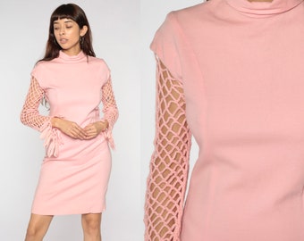 60s Mod Mini Dress Baby Pink Crochet Sleeve Mock Neck Dress 70s Gogo Hippie Retro 1960s Sheath Wool Vintage Shift Twiggy Minidress Small