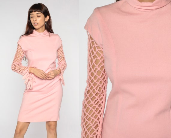 60s Mod Mini Dress Baby Pink Crochet Sleeve Mock Neck Dress 70s Gogo Hippie Retro 1960s Sheath Wool Vintage Shift Twiggy Minidress Small