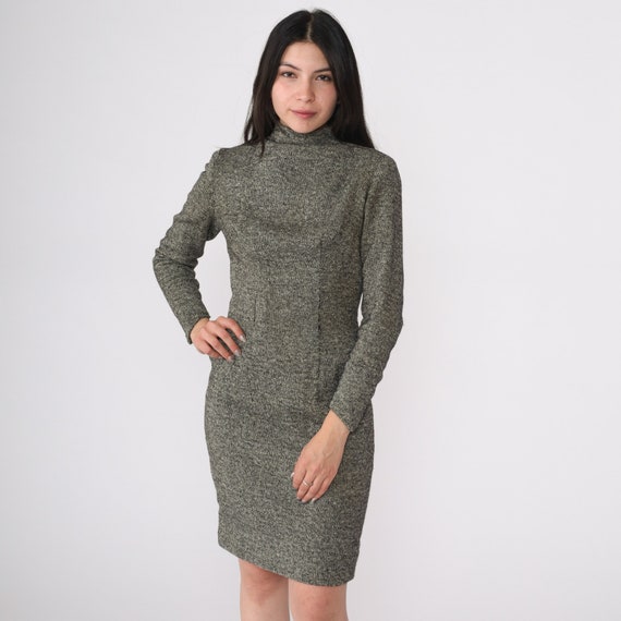 60s Wool Dress Flecked Grey Wiggle Dress Hourglass 1960s Mad Men Mock Neck Vintage Winter Long Sleeve Sheath Small 4 S