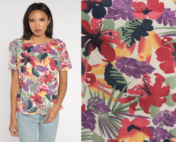 Tropical Floral Shirt 90s Blouse Bright Multicolored Flower Leaf Print Top Retro Short Sleeve Purple Pink Vintage 1990s Medium