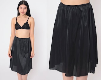 Black Slip Skirt 80s Vanity Fair Lingerie Skirt Mini Half Slip Skirt Side Slit High Elastic Waist Basic Plain Simple Vintage 1980s Medium M