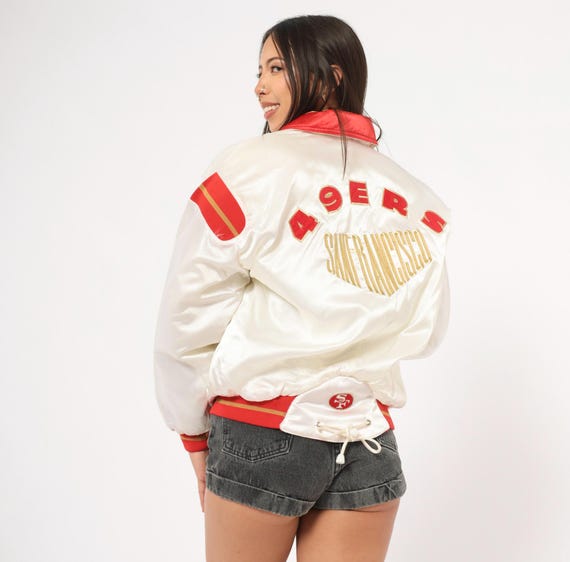 90s 49ers Satin Bomber San Francisco NFL Stadium Club White Red Gold Embroidered Zip Front Windbreaker Spirit Cliff Engle Medium M
