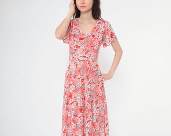 Vintage Floral Midi Dress 70s Red Boho Chic Flutter Sleeve Dress 1970s Bohemian Cowl Neck High Waist Retro Disco Summer Extra Small xs