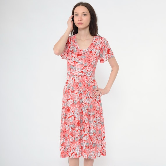 Vintage Floral Midi Dress 70s Red Boho Chic Flutter Sleeve Dress 1970s Bohemian Cowl Neck High Waist Retro Disco Summer Extra Small xs