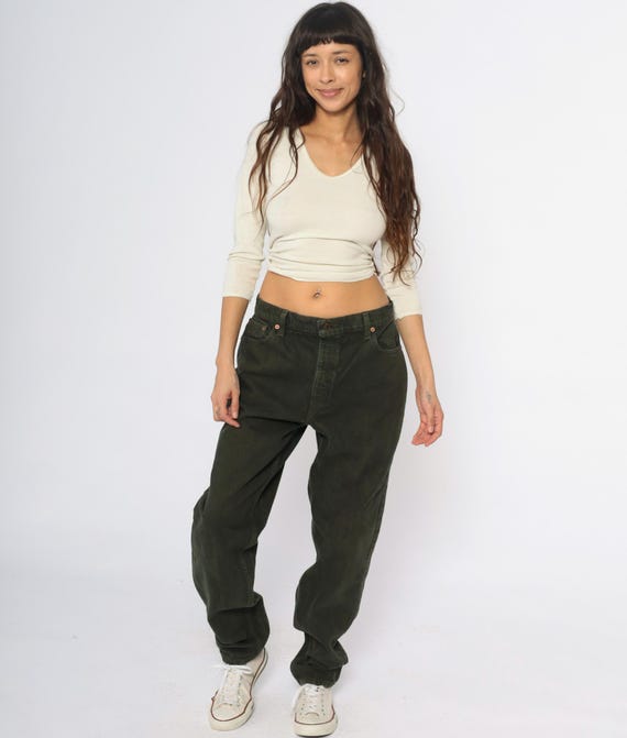 Olive Green Jeans Levi's 551 90s High Waist Straight Leg Mom Cotton Long Vintage Dark Forest Army Military Casual Grunge Denim Pants Large L
