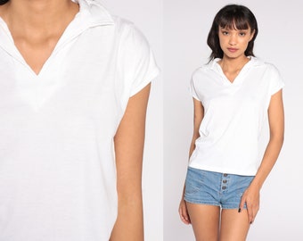 Plain White Top 80s TShirt Plain T Shirt Cap Sleeve Top Retro Tee Vintage Basic 1980s Blouse Women V Neck Short Sleeve Small S