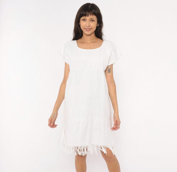 White Fringe Hem Dress 90s Handwoven Cotton Shift Scoop Neck Cap Sleeve Ivory Tunic Pullover Woven Texture Prairie Cream Medium M