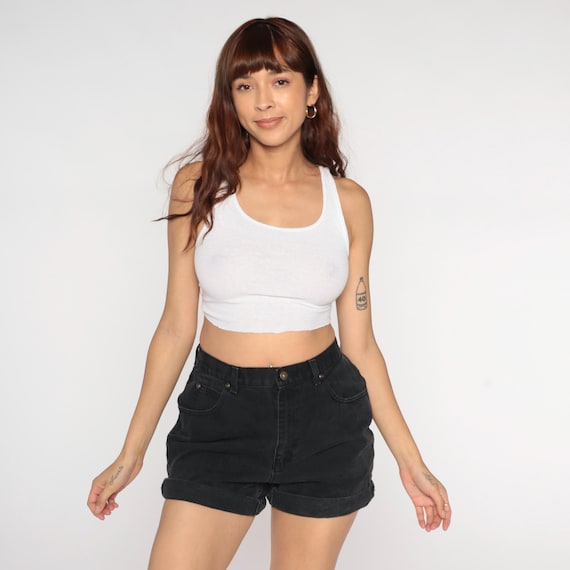 Black Denim Shorts 90s High Waisted Rolled Cuff Liz Claiborne Cotton Vintage Short Inseam Summer Grunge Streetwear Beach Wear Medium M
