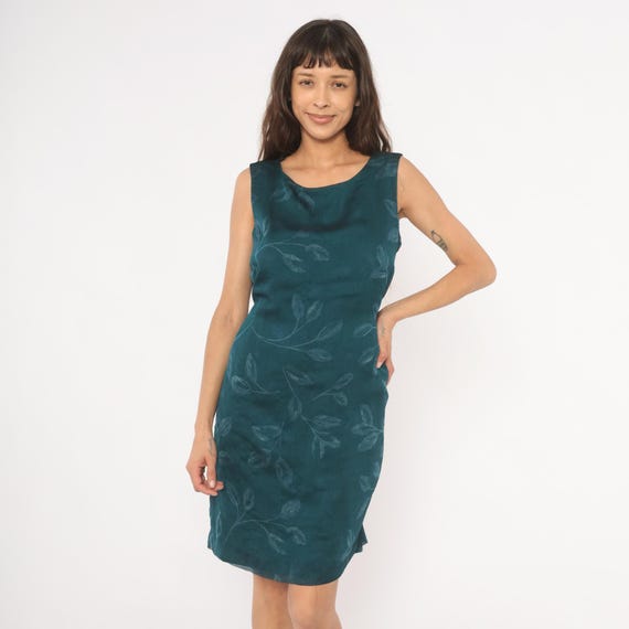 Teal Leaf Print Dress 90s Sleeveless Sheath Scoop Neck Knee Length Floral Vine Jacquard Blue Green Tank Summer Shift Vintage Large L