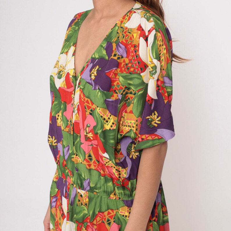 Tropical Floral Dress 90s Dolman Sleeve Maxi Boho Hippie V Neck Shirtdress 1990s Vintage Elastic Waist Button Up Green Red Purple Large image 5