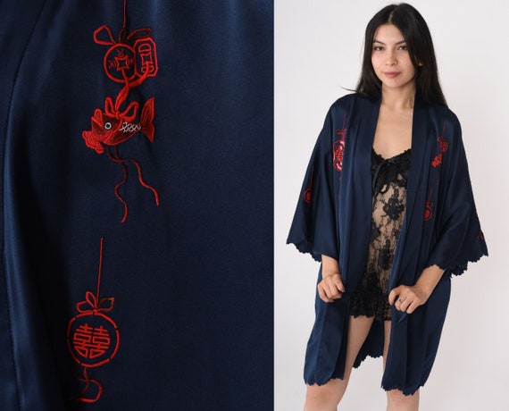 Dragon Kimono Robe Jacket 80s Navy Blue Embroidered Peacock Bohemian Wrap Scalloped Asian Vintage Boho Dressing Gown 1980s Small Medium