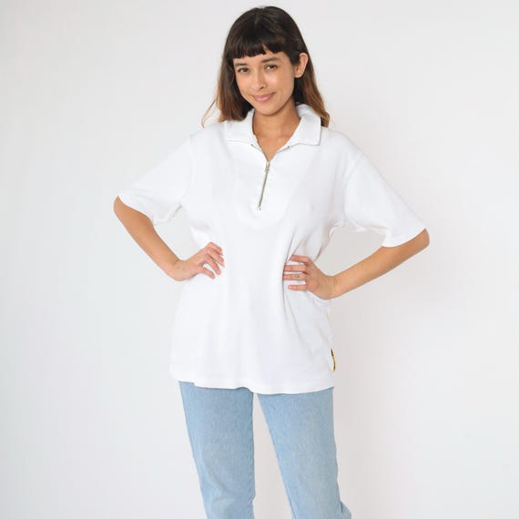 Y2K Ralph Lauren Shirt Large White Ribbed Zip Up Tee Short Sleeve T-Shirt Basic Plain Minimal Preppy Polo Jeans Vintage 00s Size L