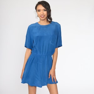 Blue Silk Dress 80s Button Back Short Sleeve Dress Mini Dress High Waist Dress Vintage Medium