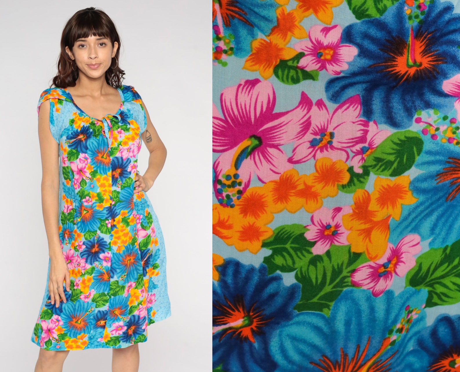 70s Hawaiian Dress Blue Hibiscus Shift Dress Tropical Floral Boho Beach ...