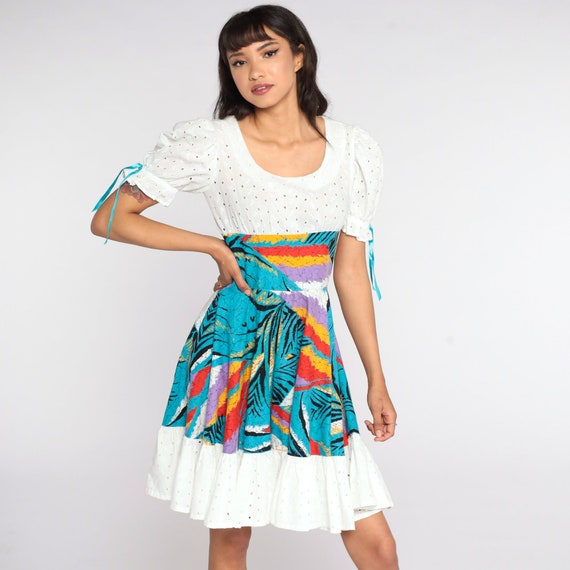 Peasant Mini Dress Puff Sleeve Cottagecore Babydoll White Eyelet Lace 70s Empire Waist Tropical Jungle Print Country Vintage MiniDress Small