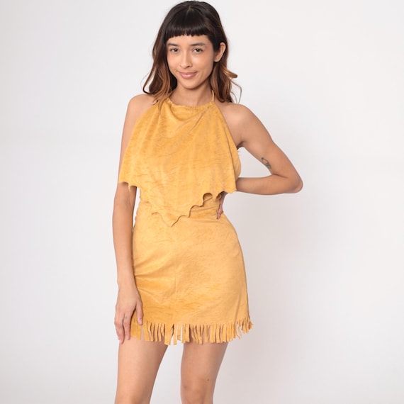 90s Bohemian Mini Dress Halter Neck Fringe Hem Mustard Club Party Summer Vintage Sleeveless Western Cave Girl Stone Age Costume Medium M