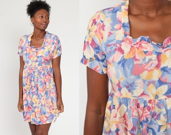 Floral Babydoll Dress 90s Grunge Mini EMPIRE Waist Bohemian Revival 1990s Vintage Boho Short Sleeve Small