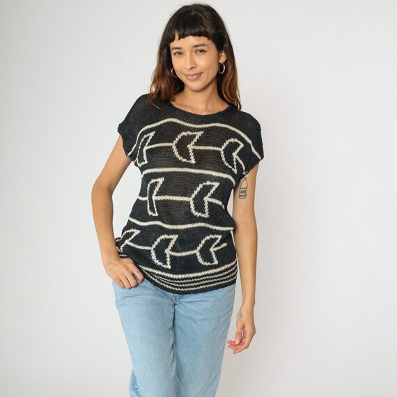 80s Sheer Black Sweater Top Abstract Floral Short Sleeve Top Slouchy Open Knit 1980s Vintage Cap Sleeve Retro Slouch Ramie Cotton Small S