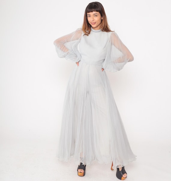 60s Chiffon Jumpsuit Wide Leg Palazzo Long Sleeves Pleated Light Gray Cream Off White Vintage Formal Evening Party Wear Extra Small XS