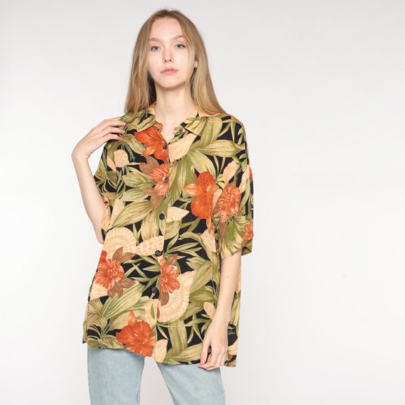 Tropical Floral Blouse 90s Button Up Shirt Seashell Rayon Shirt Tropical Summer Short Sleeve Top 1990s Vintage Orange Green Oversize Medium