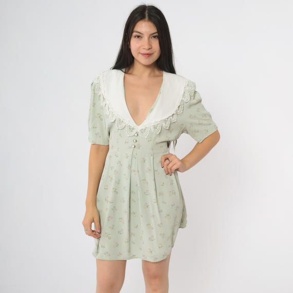 Deep V Babydoll Dress Sage Green 90s Lace Collar Puff Sleeves Vintage Prairie Cottagecore Button Front Mini Floral Rayon Large L 16