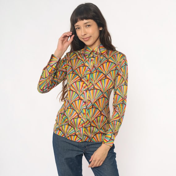 70s Disco Blouse Rainbow Geometric Fan Sunburst Pattern Multicolor Striped Collared Vintage Psychedelic Hippie Bohemian Party Top Medium M