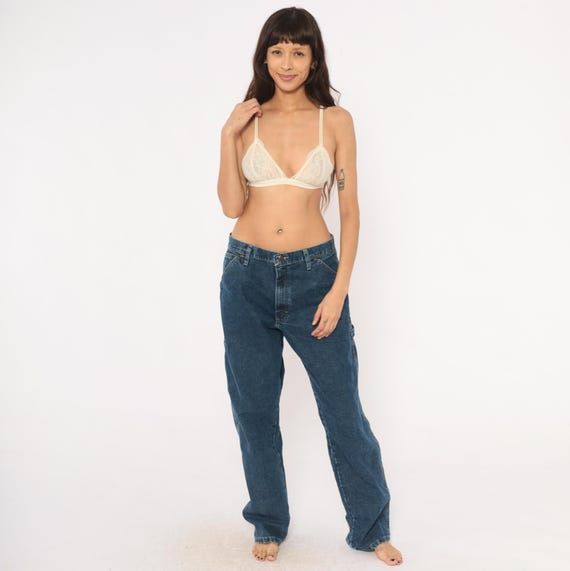 Y2K Wrangler Carpenter Jeans Navy Denim Straight Leg Workwear Utility Pants Dark Blue Cotton Relaxed Fit Work Trousers 34x32 Extra Large XL