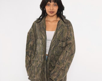 90s Camo Shirt Jacket Olive Brown Tree Leaf Print Button Front Cotton Long Sleeve Hunting Field Camouflage Grunge Utility Large L