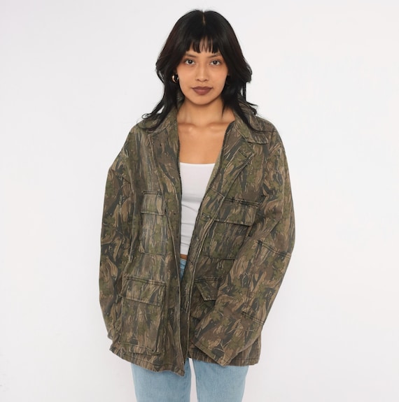 90s Camo Shirt Jacket Olive Brown Tree Leaf Print Button Front Cotton Long Sleeve Hunting Field Camouflage Grunge Utility Large L