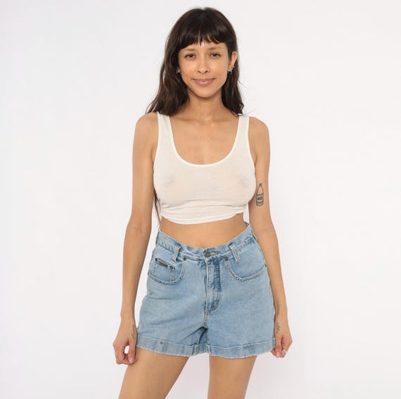 90s Light Wash Denim Shorts Cuffed Hem High Rise Cotton Jean NY Jeans Mom Style Rolled Hem Five Pocket Blue Faded Vintage Womens Medium M