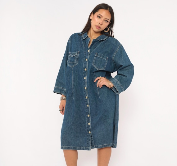 90s Denim Shirt Dress Button Front Cotton Jean Shirtdress Navy Blue Collared Long Sleeve A Line Relaxed Fit Carolina Blues Plus Size 24W 3X